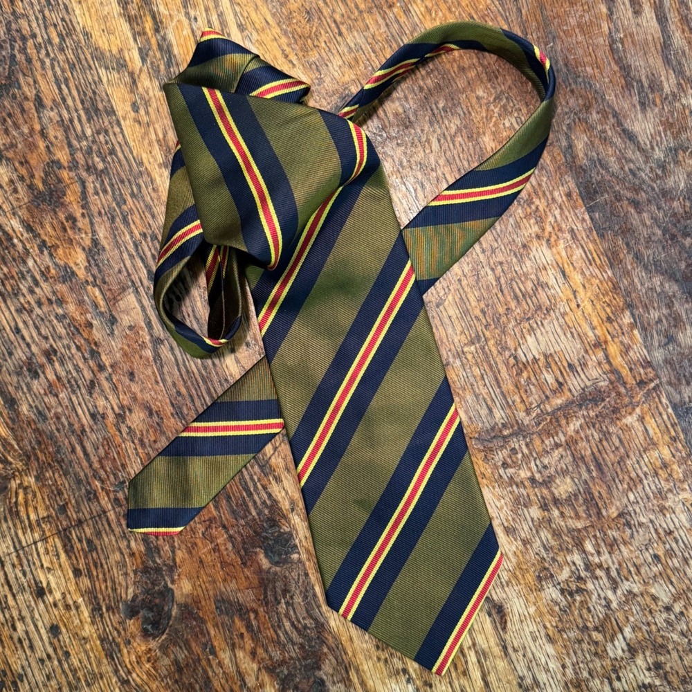 Vintage 1990s J McLaughlin Olive Navy Regimental Stripe Silk Tie USA Wide 3.75" - Picture 2 of 5